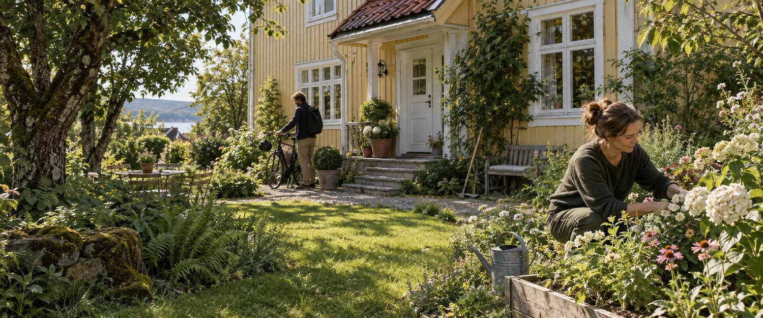 Illustrasjon av hverdagsliv i hagen utenfor et norsk trehus